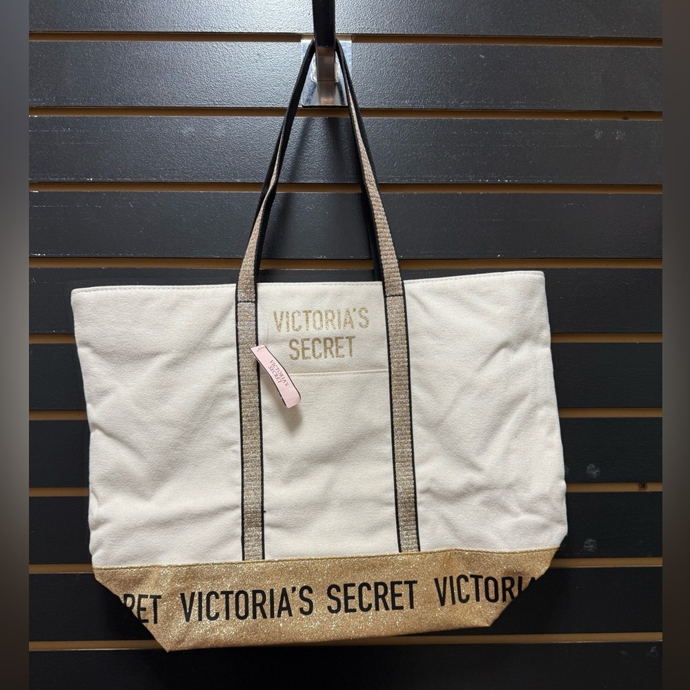 Victoria’s Secret Canvas Tote Bag Gold Glitter Logo NWT Large Beach Travel Bag